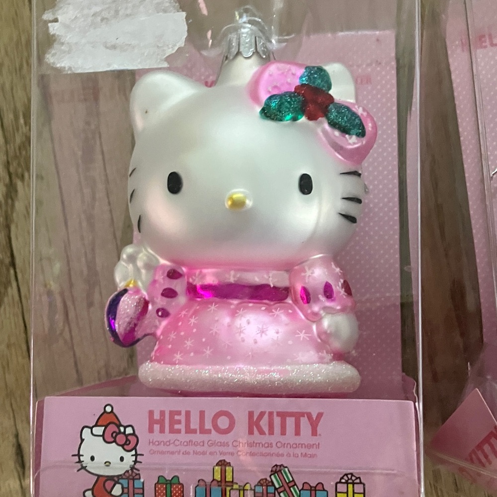 Hello Kitty Trio with Pink and Red Outfits. Glass Christmas Ornaments - Picture 2 of 4